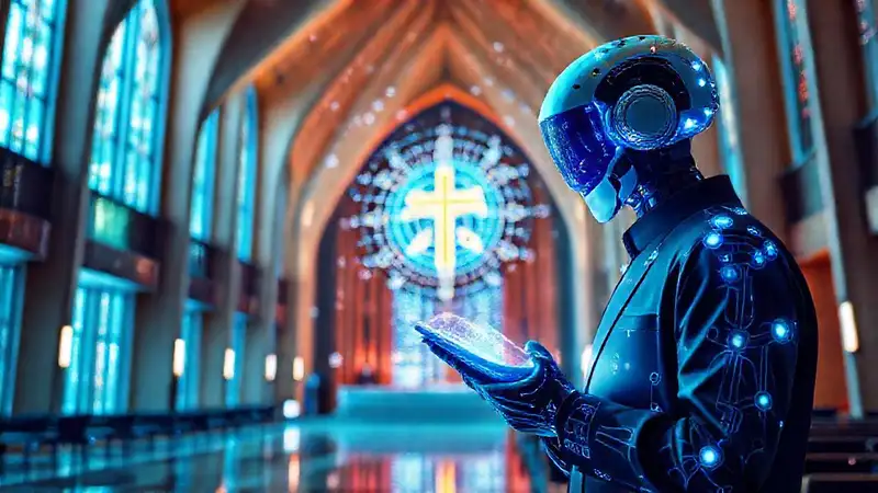 Iglesia futurista con hologramas y tecnología