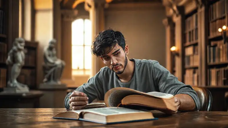 Estudiante reflexiona con libros antiguos en biblioteca
