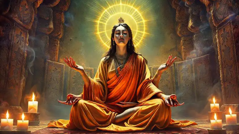 Mujer sabia meditando en escena mística