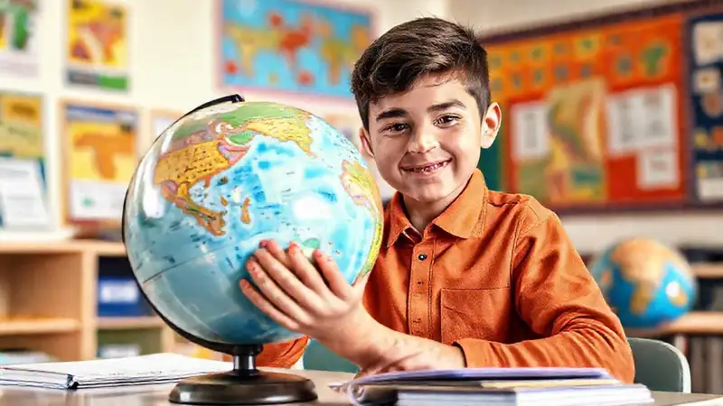 Estudiante observando mapas en aula brillante