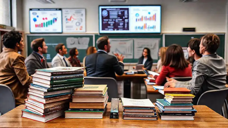 Personas discuten con libros y tecnología presente