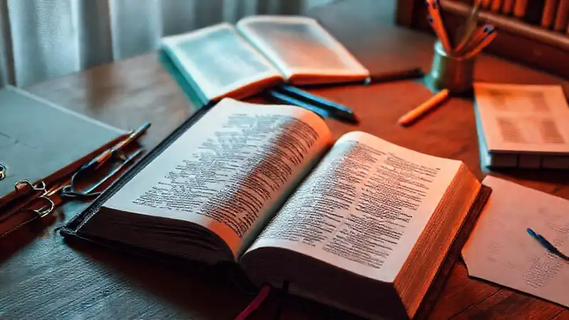Estudiante estudia Biblia con luz y notas