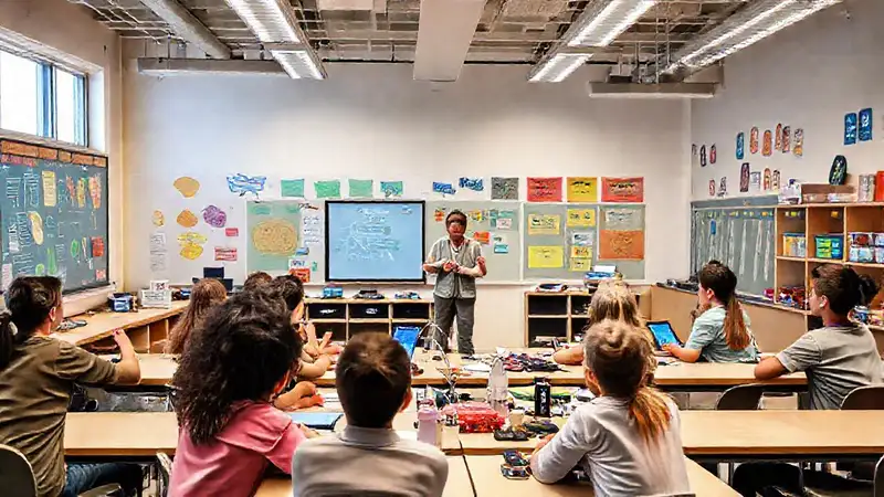 Aula innovadora con estudiantes participativos y recursos
