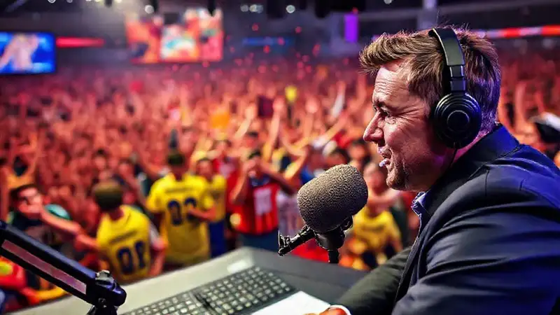 Comentarista deportivo transmitiendo energía en estudio