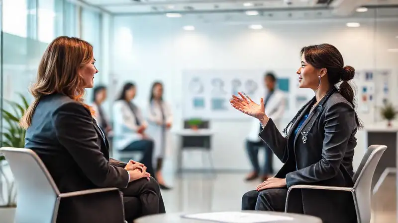 Mujer profesional presenta en entrevista médica