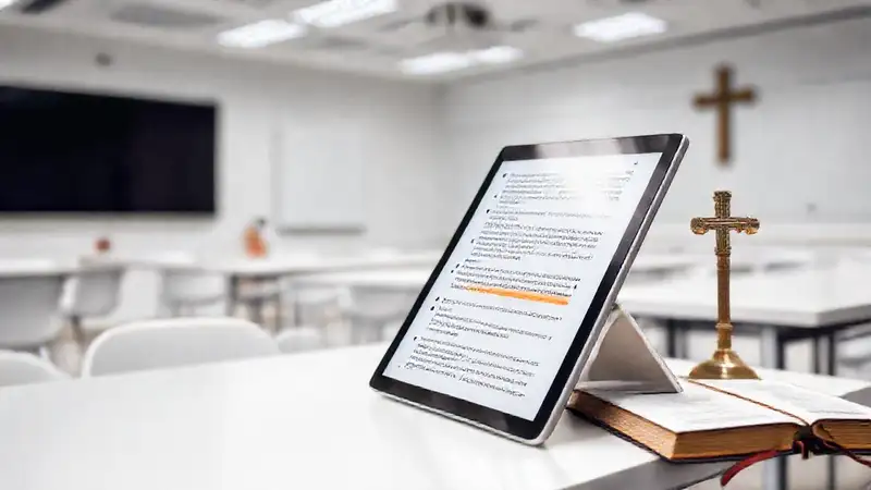 Tableta digital en aula con símbolos religiosos