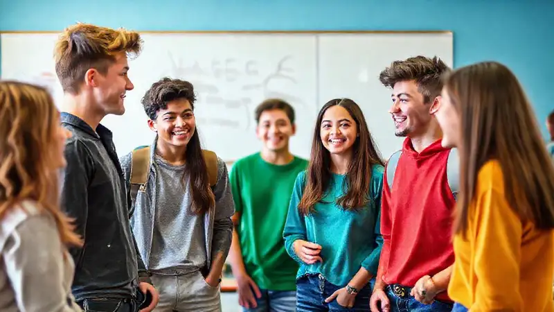 Adolescentes conversando en aula, sonrientes y expresivos