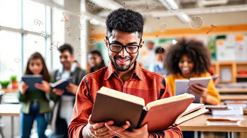 Estudiantes estudiando con tecnología y entusiasmo