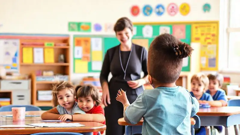 Maestro en aula con niños y ambiente cálido