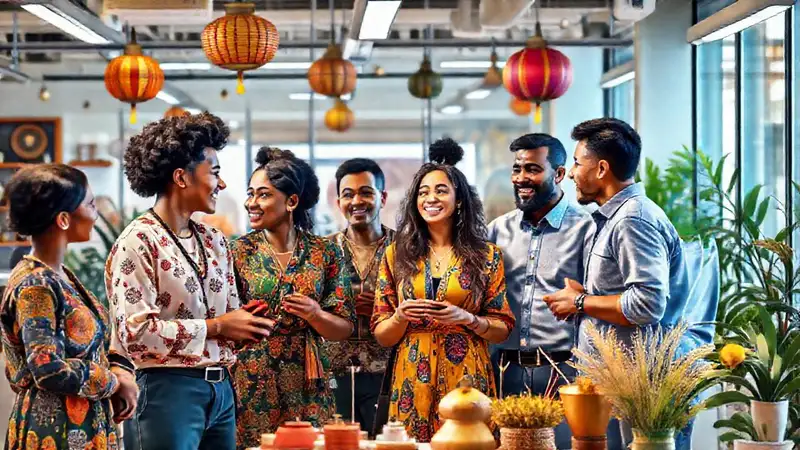 Grupo diverso colaborando en oficina moderna