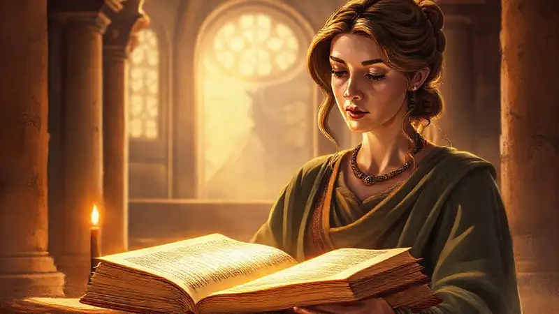 Portada con mujer estudiando Biblia antigua