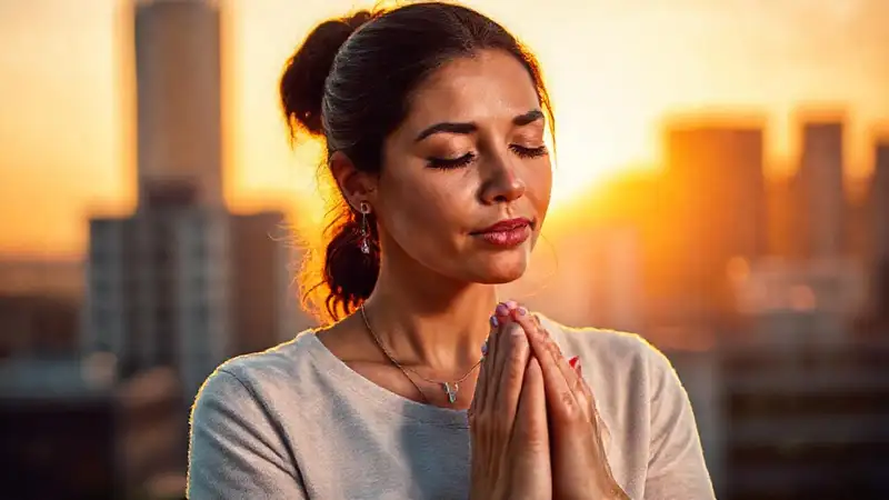 Mujer cristiana ora en amanecer pacífico
