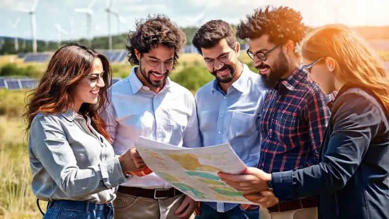 Equipo colaborando en paisaje con energías renovables