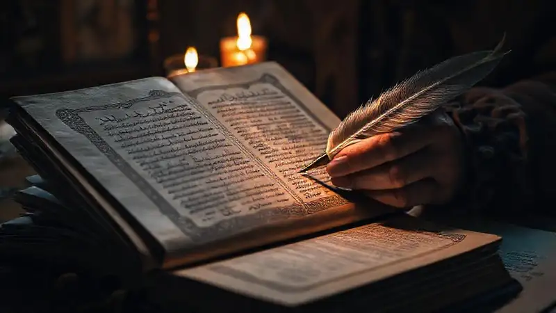 Estudioso con libro antiguo y símbolos místicos