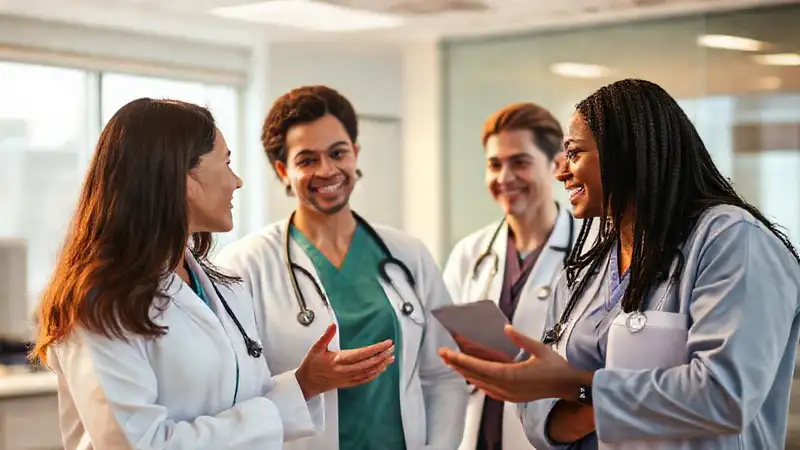Profesionales sanitarios colaboran en un entorno moderno