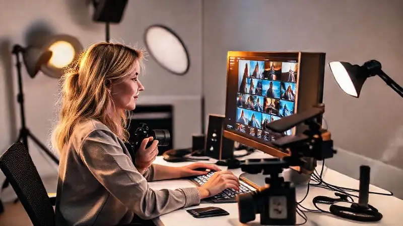 Fotógrafa editando en estudio profesional con equipo