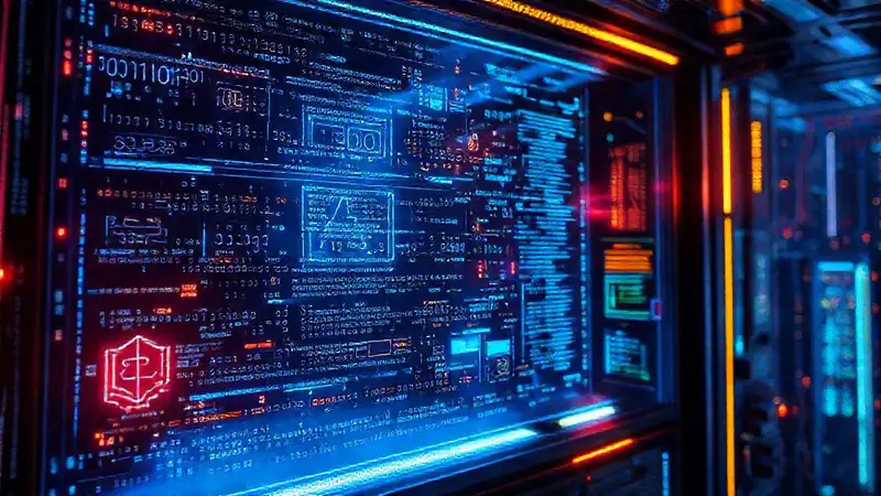Interfaz futurista con fórmulas y símbolos holográficos