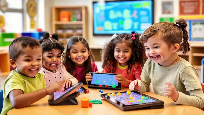 Niños jugando con juegos matemáticos interactivos