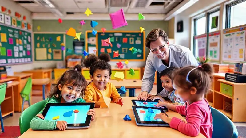 Aula moderna con niños y tecnología educativa