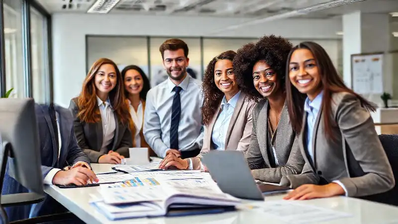 Jóvenes profesionales en oficina moderna y optimista
