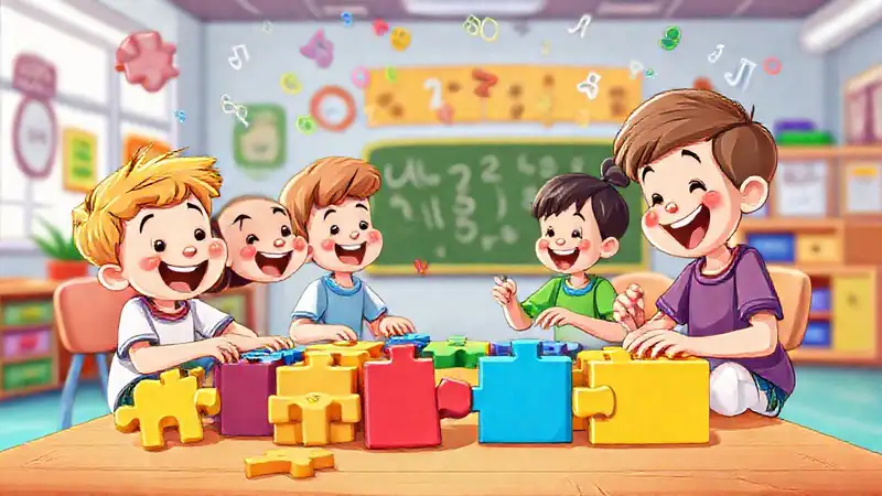 Niños jugando con rompecabezas matemáticos coloridos