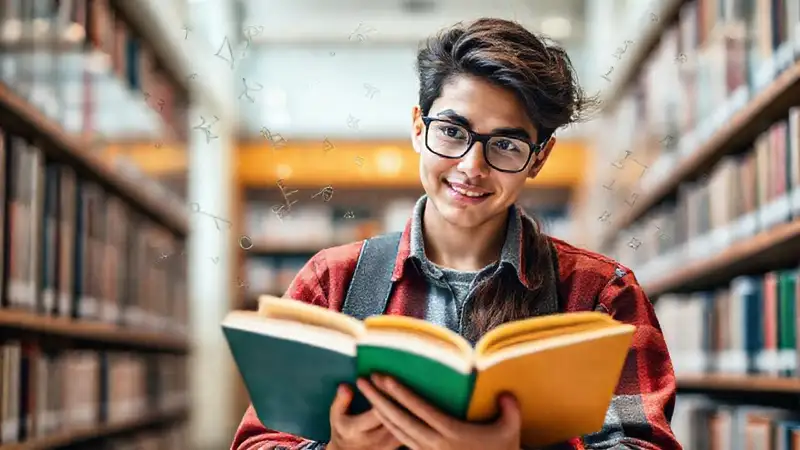 Estudiante estudia con confianza en biblioteca moderna