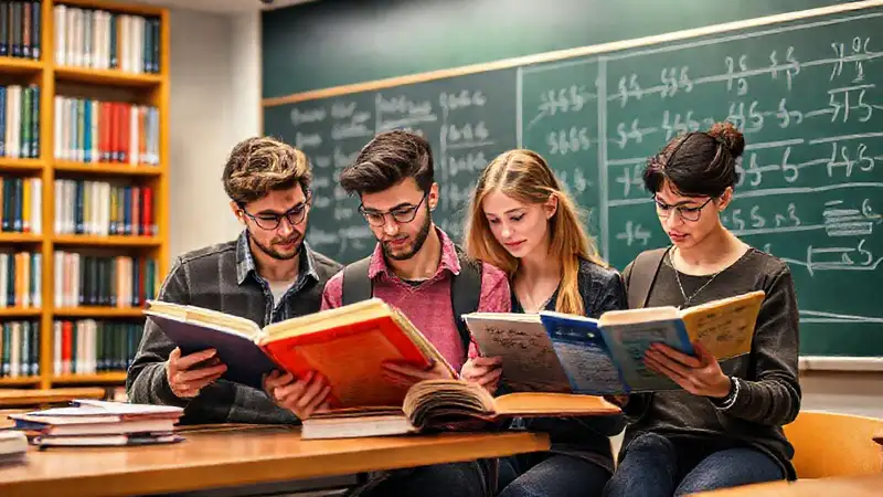 Estudiantes estudiando matemáticas en biblioteca universitaria