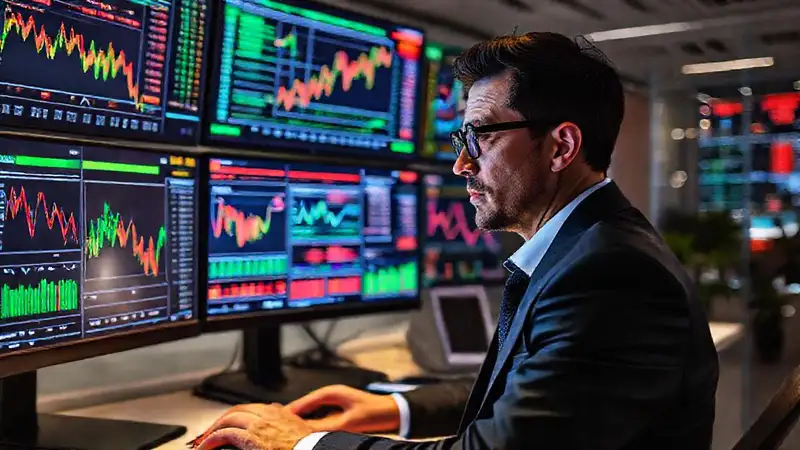 Periodista analiza datos económicos en oficina moderna