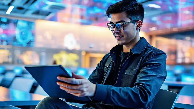 Estudiante universitario usando tecnología en aula moderna