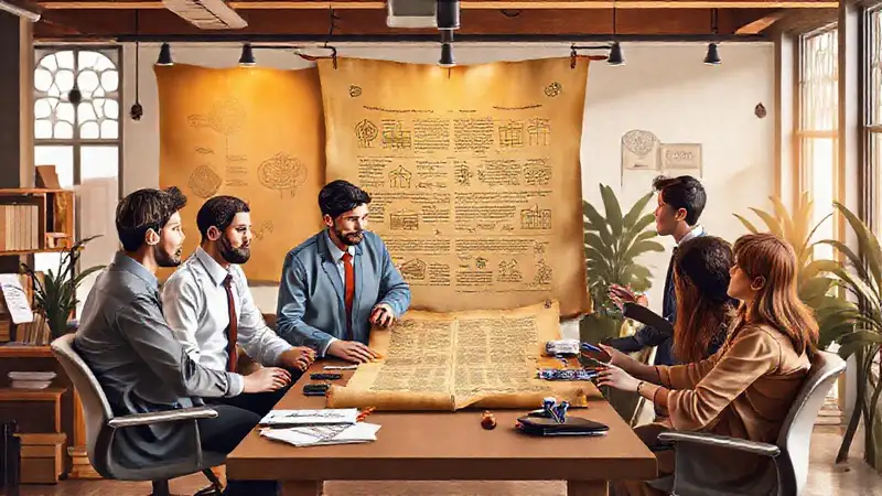 Profesionales modernos con símbolos históricos y modernos