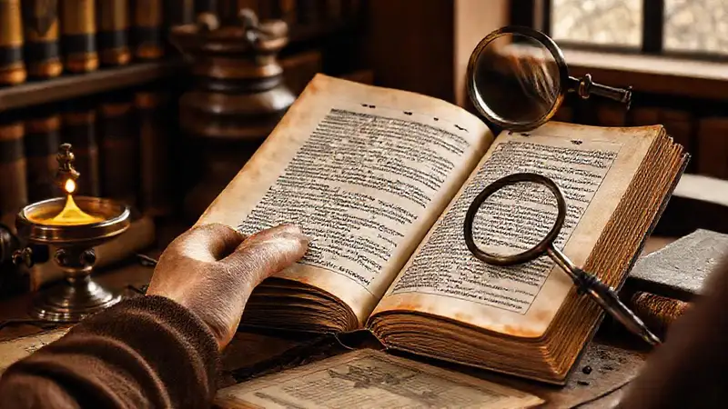 Manuscrito antiguo en biblioteca vintage con estudio