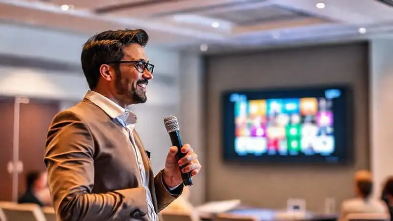 Presentador profesional en conferencia moderna y vibrante