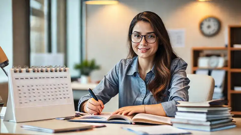 Estudiante femenina en un escritorio organizado y profesional