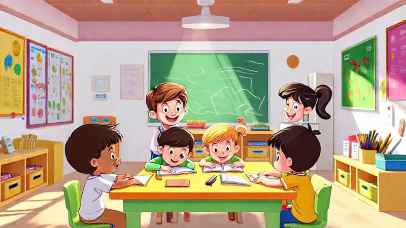 Niños estudiando en aula colorida y alegre