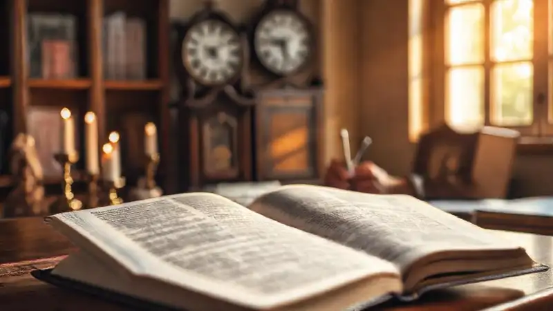 Libro abierto con símbolos religiosos y luz cálida