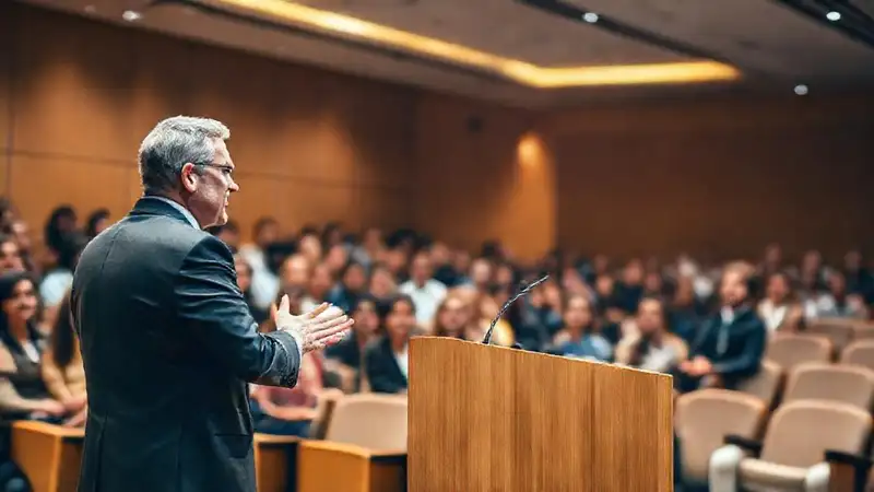 Orador confiado en auditorio diverso y moderno