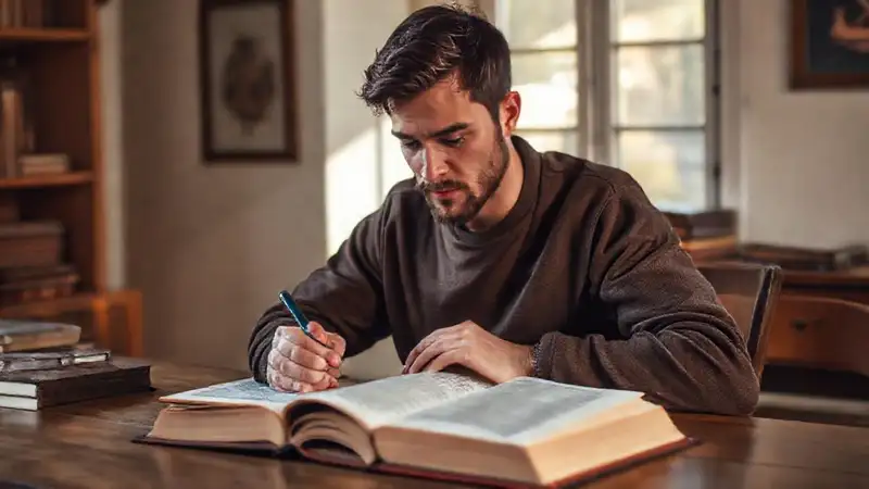 Estudiante de teología estudiando en un ambiente cómodo