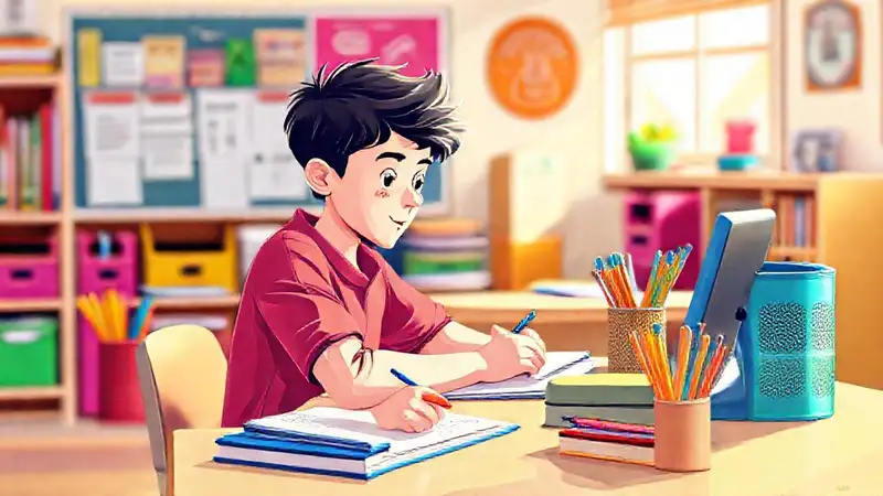 Estudiante motivado en un aula colorida y organizada