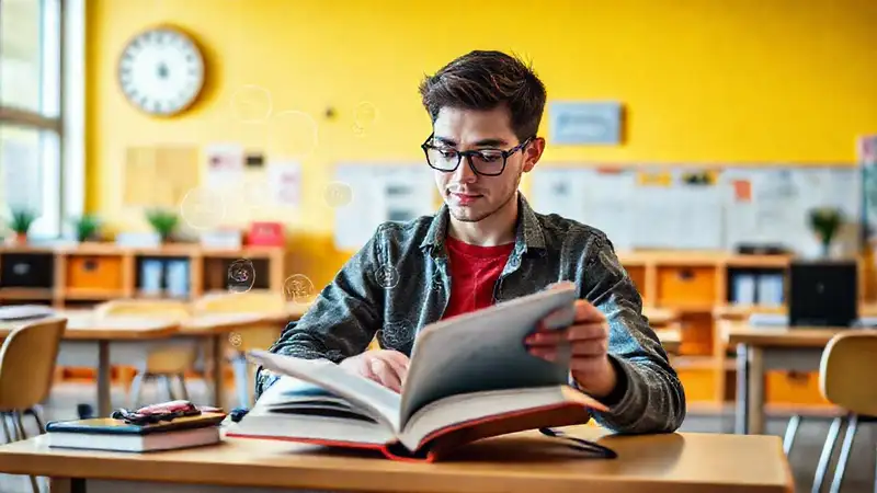 Estudiante usando tecnología en aula moderna