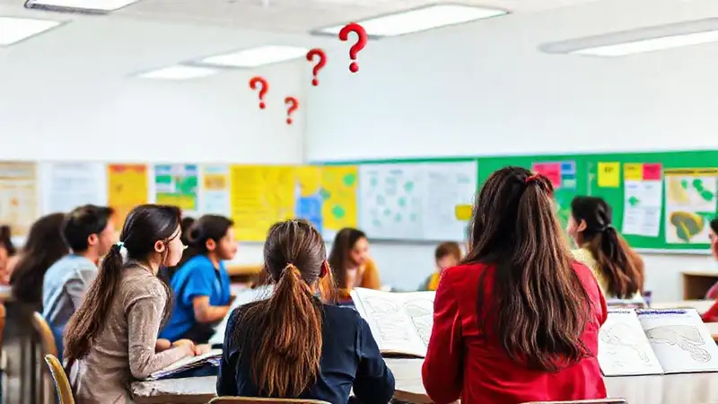 Estudiantes discutiendo en una aula activa y diversa