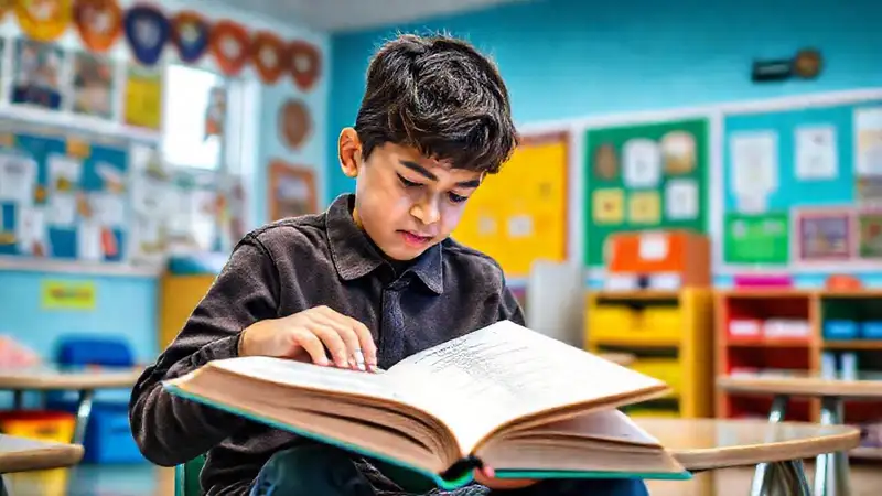 Estudiante leyendo en aula colorida y motivadora