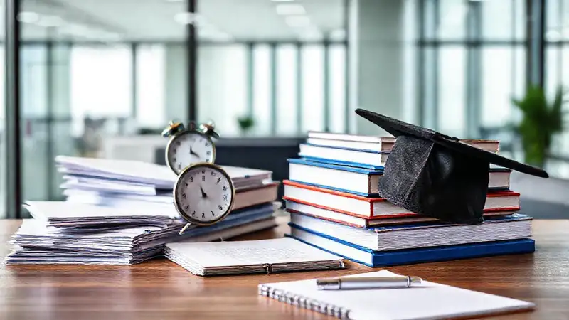 Mesa ordenada con útiles y libros políticos