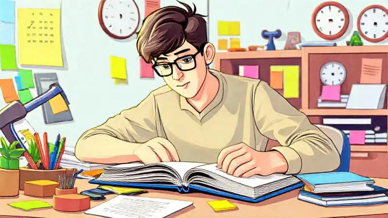 Estudiante en escritorio lleno de notas y libros