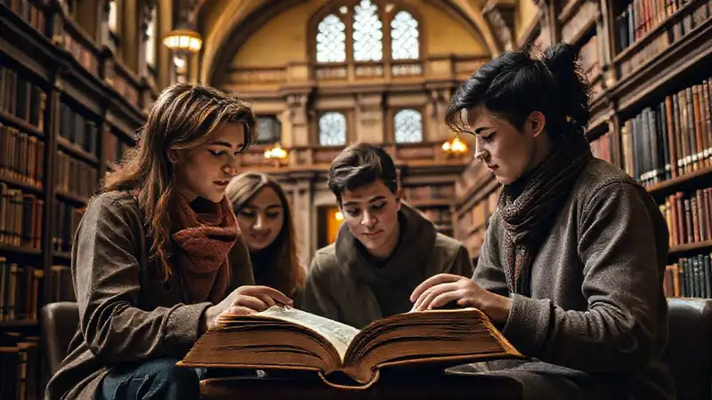 Estudiantes estudiando en biblioteca vintage