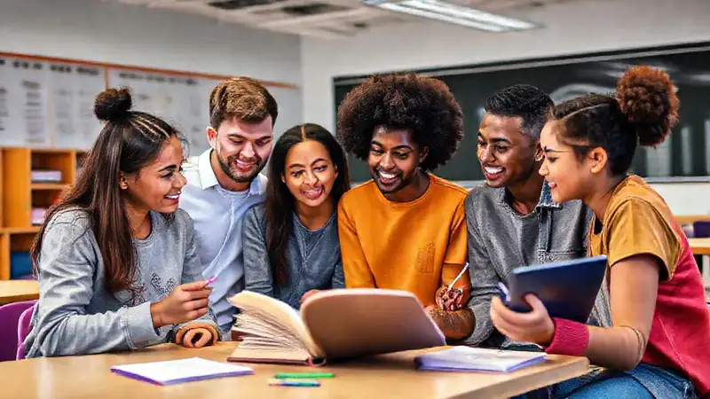 Estudiantes discuten teología en aula moderna