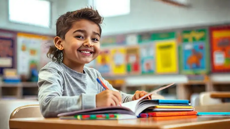 Estudiante feliz y motivada en aula brillante