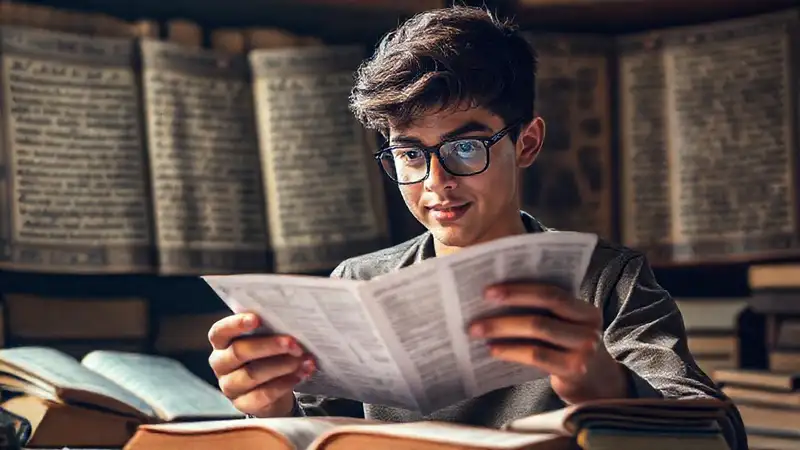 Estudiante confiado estudiando textos antiguos motivador