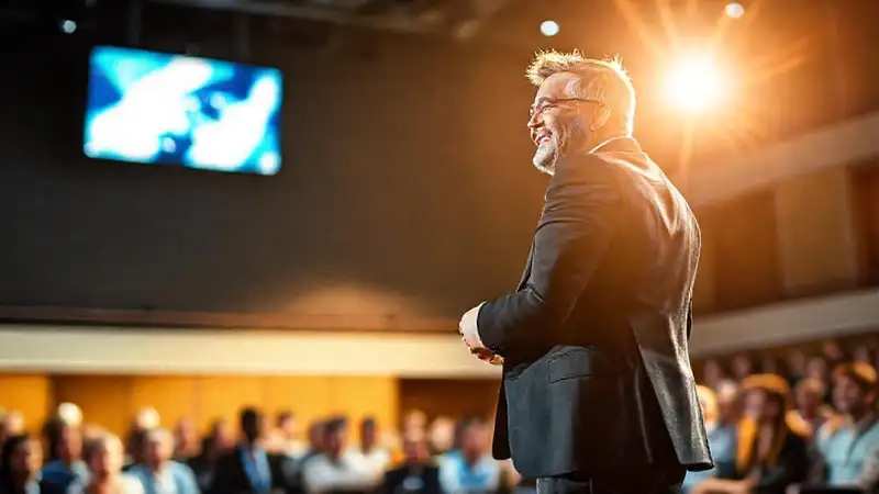 Orador confiado inspira en auditorio brillante