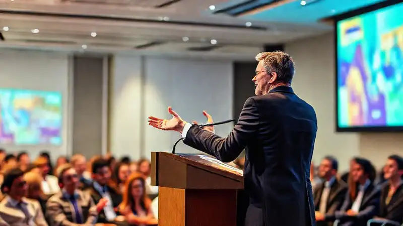 Orador confiado inspira en sala moderna