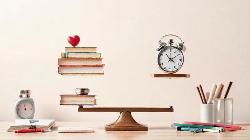 Escalas equilibradas con libros, reloj y corazón